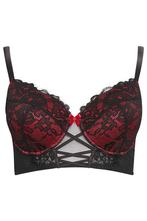 Yours Plus Size Black Red Lace Strap Detail Padded Longline Bra