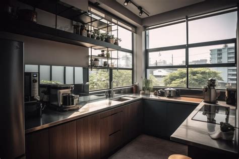 Premium AI Image | A kitchen with a large window that has a view of the ...