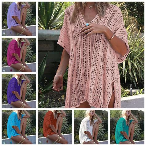 Loose Crochet Tunic Beach Cover Up Women Crochet Bikini Cover Ups Sexy V Neck Beach Dress