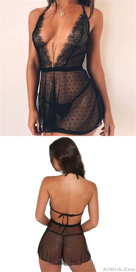 Sexy Mesh Dot V Sling Nightdress Lace Perspective Women Lingerie Sexy