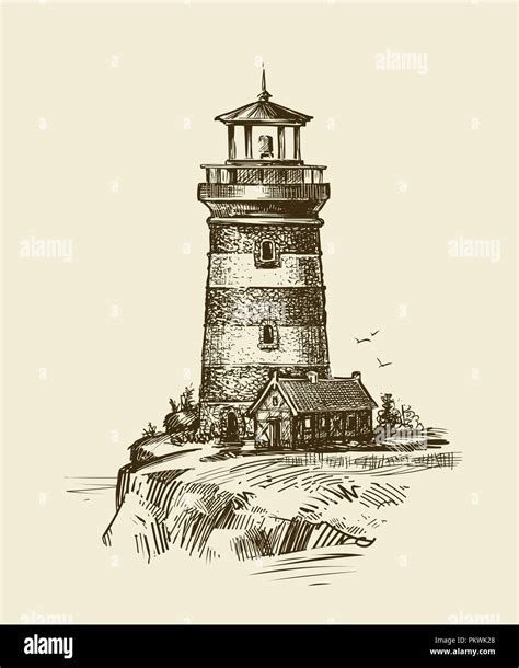 Lighthouse On Seashore Sketch Seascape Vintage Vector Illustration