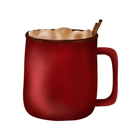 Hand Drawn Watercolor Illustration Of Hot Chocolate With Marshmallow And Cinnamon In Red Mug