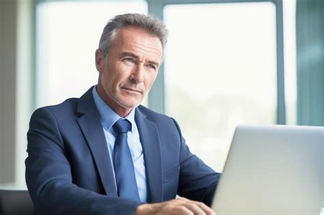 Premium Ai Image Portrait Of A Mature Businessman Working On His Laptop In The Office Created