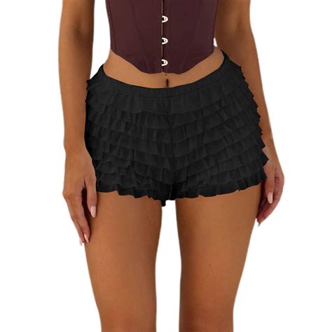 Womens Lounge Shorts Lace Mini Low Rise Micro Skirt Asymmetrical Ruffle Hem Flared Lingerie