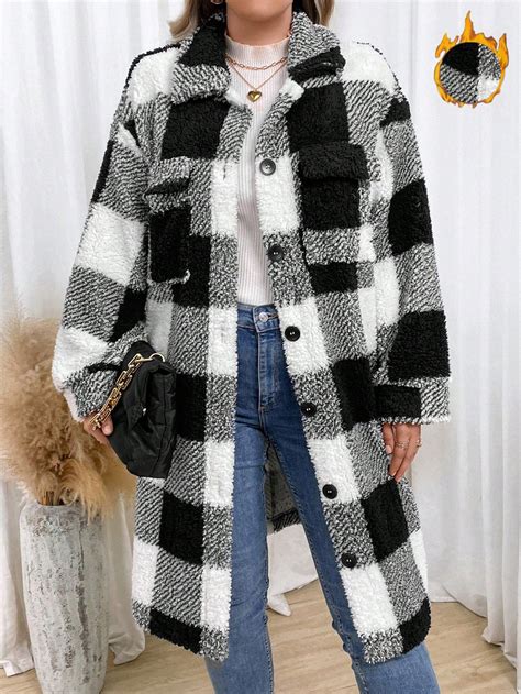 Shein Frenchy Plus Buffalo Plaid Print Drop Shoulder Teddy Coat Shein Uk