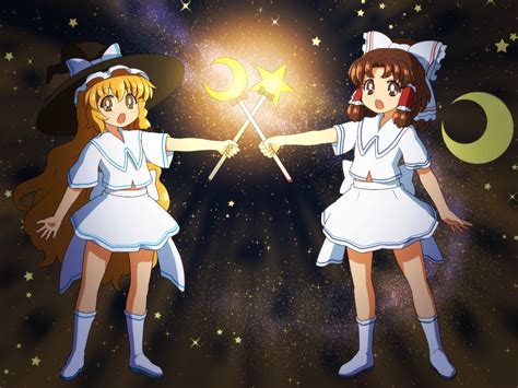 2girls Blonde Hair Boots Bow Brown Eyes Brown Hair Hakurei Reimu Hat Kirisame Marisa Long Hair