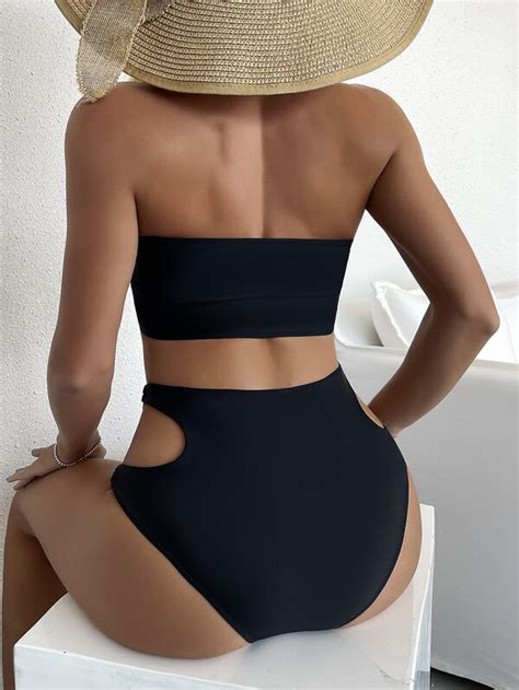 Solid Bikini Set Cut Out Ring Linked Bandeau Bra High Waisted Bottom Piece Bathing Suit