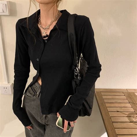Hot Girl Black Knitted Cardigan Jacket Women S Long Sleeved Polo Neck Undercoat Sexy Irregular