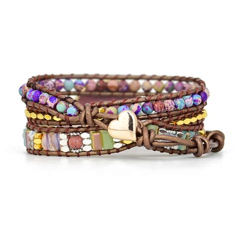 Boho Leather Bracelet Multi Layer Natural Stone Colorful Crystal Polymer Clay Bead Chain