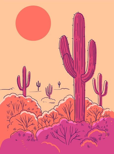 Premium Vector Desert With Cacti And Sunset Vector Illustration