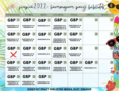 Godziny Pracy Wakacje 2022 Gminna Biblioteka Publiczna W Osiecznicy
