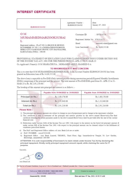 Education Loan - Interest Certificate FY23 | PDF | Loans | Interest