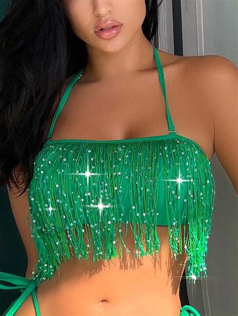 Sequin Decor Fringe Trim Halter Bikini Top Shein Usa