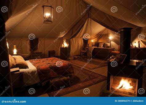 Huge Tent With A Fireplace And Comfortable Bed Inside For Romantic