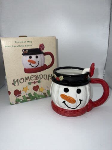 Homespun Snowman Mug With Snowflake Spoon Cracker Barrel Mug Blk Hat Red Scarf - Mugs