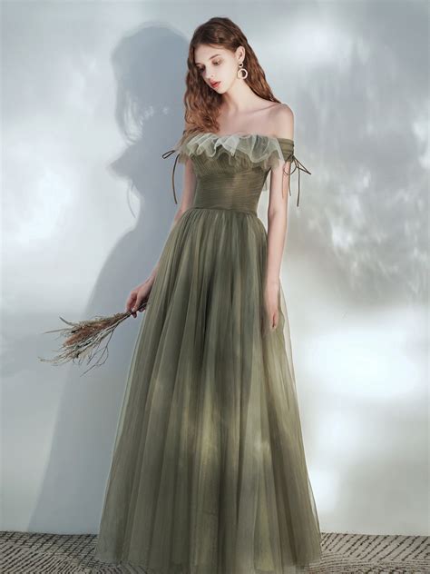 Olive Green Tulle Fairytale Long Prom Dress