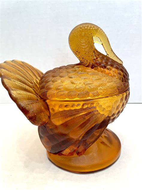 Vintage L E Smith Golden Amber Glass Turkey Lidded Dish Art Glass 7” Tall Ebay