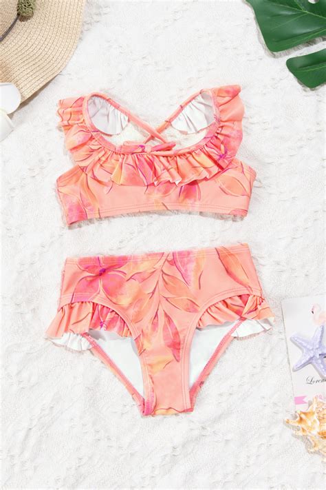 Girls Pink Floral Ruffled Tie Back Bralette Bikini Set Cupshe UK