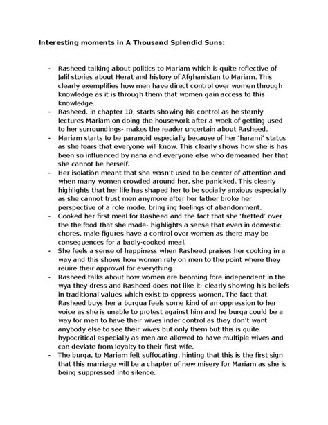A Thousand Splendid Suns: Control and Oppression in Chapter 10 - Studocu