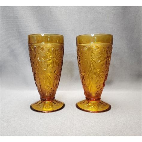 Tiara Dining Vintage Indiana Tiara Sandwich Glass Amber Iced Tea Glasses Set Of 2 Tumblers