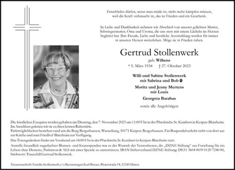 Traueranzeigen Von Gertrud Stollenwerk WirTrauern