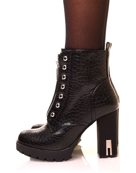 Bottines Effet Croco Noires Talons Hauts