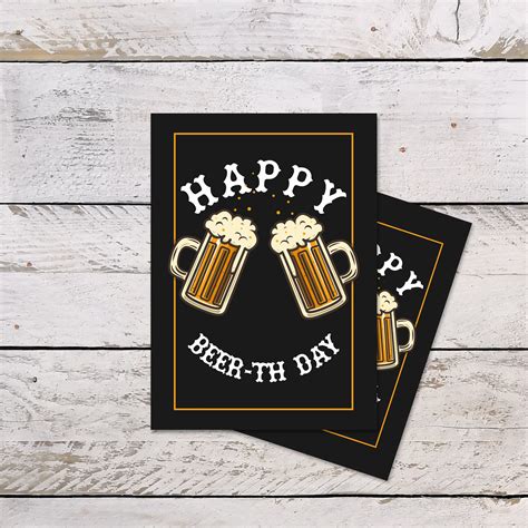 Printable Funny Beer Lover Theme Birthday Card For Him Happy Birthday Pun Beerthday Instant