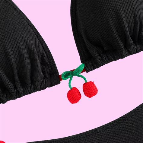 Cherry Detail Two Piece Bikini Set In Black Pink Sugar Bikini