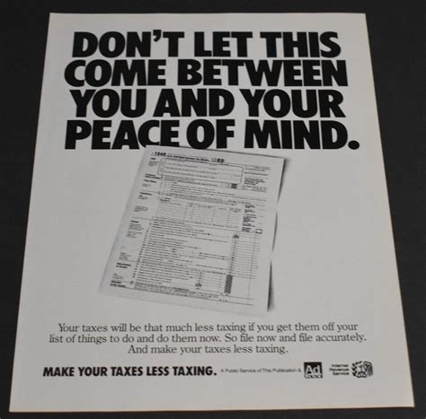 1990 Print Ad IRS Make your Taxes Less Taxing Peace of Mind Ad Council