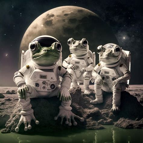 Premium Ai Image Three Frogs Are Sitting On A Rock With The Moon In