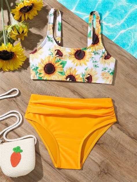 Chicas Bañador bikini con estampado de girasol fruncido Moda de Mujer SHEIN México