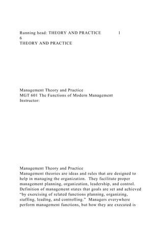 Running Head THEORY AND PRACTICE 16THEORY AND PRACTICE Docx