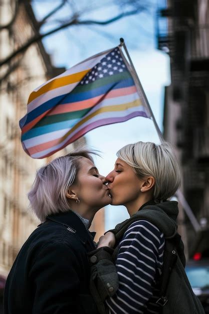 Premium AI Image Generative AI Illustration Of Two Lesbian Women Kissing Happy In The City