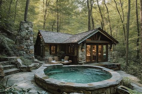 Log Cabin With Stone Walls And Hot Tub In A Cozy Setting Premium AI Generated Image