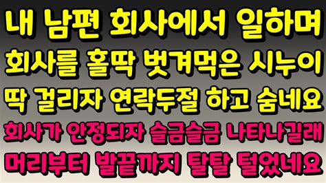 내 남편 회사에서 일하며 회사를 홀딱 벗겨먹은 시누이 딱 걸리자 연락두절 회사가 안정되자 슬금슬금 나타나길래 머리부터