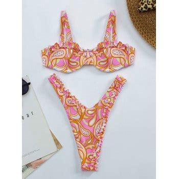 Emmiol Free Shipping 2025 Frill Trim Printed Underwire Bikini Set Pink S In Bikini Sets Online