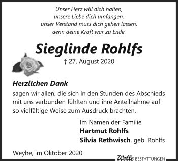 Traueranzeigen Von Sieglinde Rohlfs Trauer Kreiszeitung De