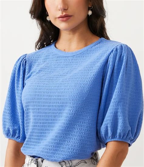 Blusa Texturizada Gola Redonda E Manga Bufante Azul