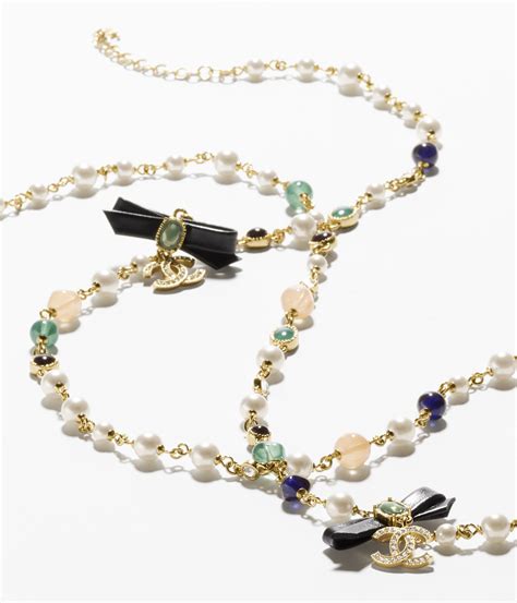 Long Necklace Metal Lambskin Resin Glass Pearls And Strass Gold