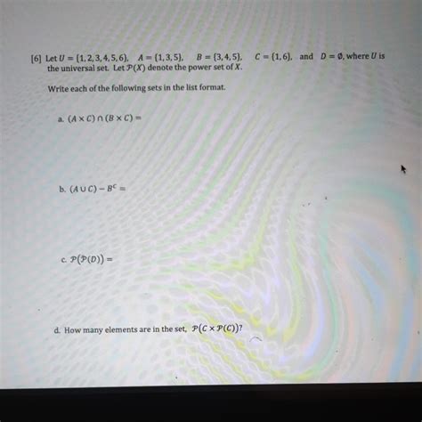 Solved [6] Let U = {1,2,3,4,5,6). A = (1,3,5), B = {3,4,5). | Chegg.com