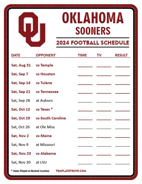 Printable 2024 Oklahoma Sooners Football Schedule