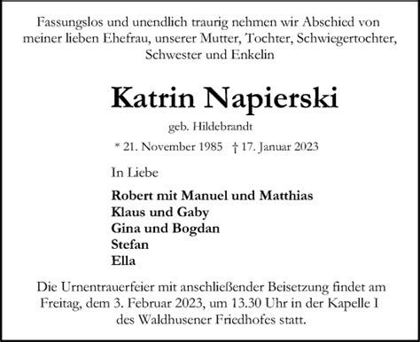 Traueranzeigen Von Katrin Napierski Trauer Anzeigen De