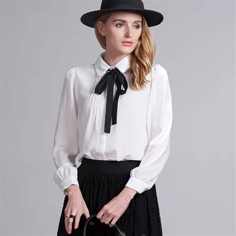 Fashion female elegant bow tie white blouses Chiffon peter pan collar ...