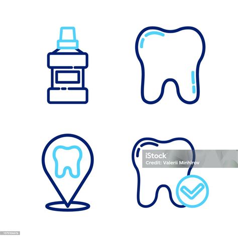 세트 라인 치아 미백 개념 치과 진료소 위치 및 구강 세정제 병 아이콘 벡터 이빨에 대한 스톡 벡터 아트 및 기타 이미지