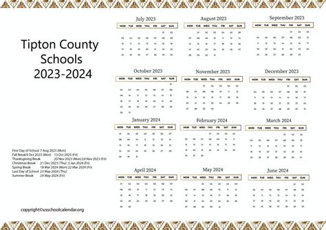 Tipton County Schools Calendar with Holidays 2023-2024