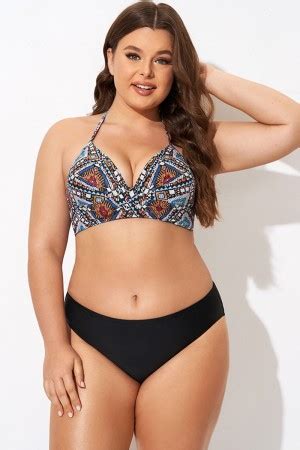 V Neck Black Dots Printed Halter Sexy Bikini Top Meet Curve Meet Curve