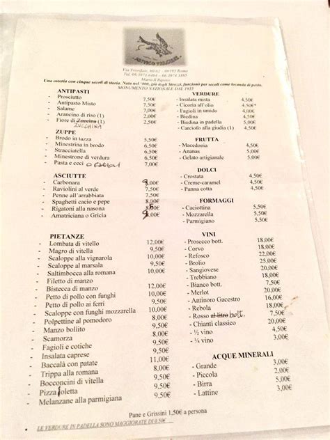 Menu At Antico Falcone Restaurant Rome Via Trionfale