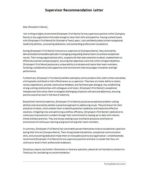 √ Supervisor Recommendation Letter Template Sample