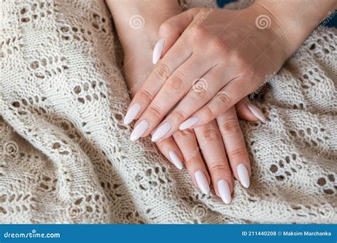 Model Woman Showing Light Pale Pink Nude Shellac Manicure On Lo Stock Photo Image Of Shellac