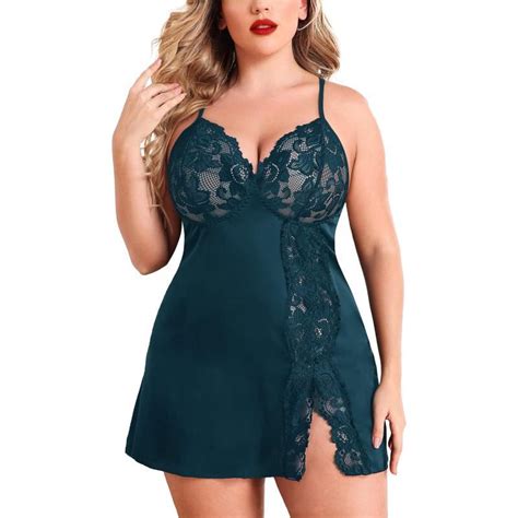 Avidlove Plus Size Lingerie For Women Sexy Satin Nightgown Lace Babydoll Side Slit Strappy